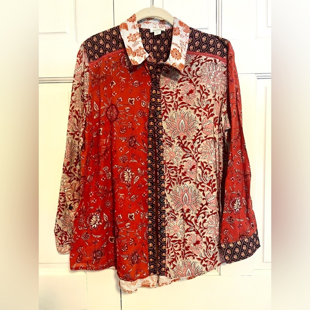 Sundance Boho Paisley Patchwork Coral Cotton Shirt Top Large